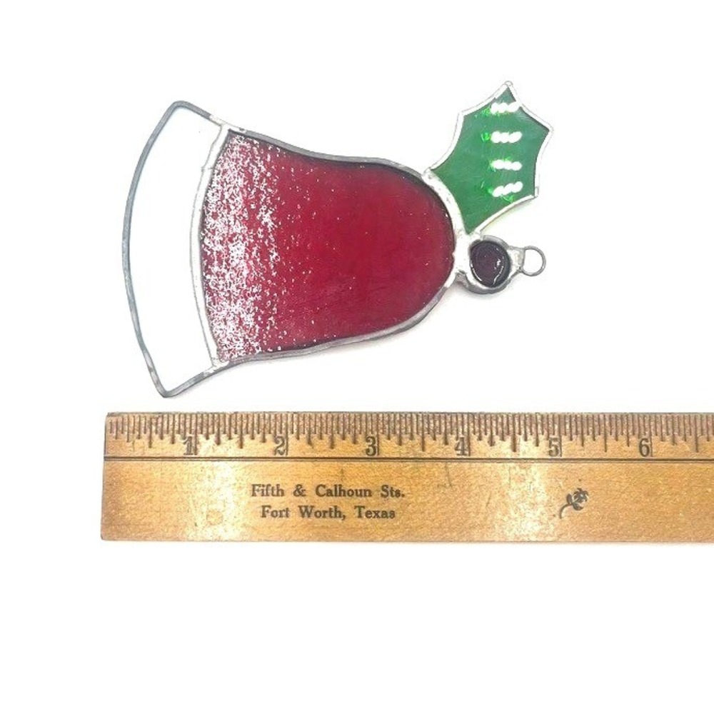 Stained Glass Christmas Bell Ornament Holly Accent Red White Festive Holiday - Picture 2 of 3